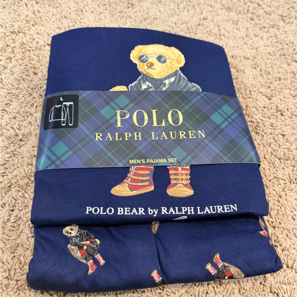 Polo Ralph Lauren Men’s 2-PC Cotton Polo Bear Pajamas Set Blue Size L NWT
